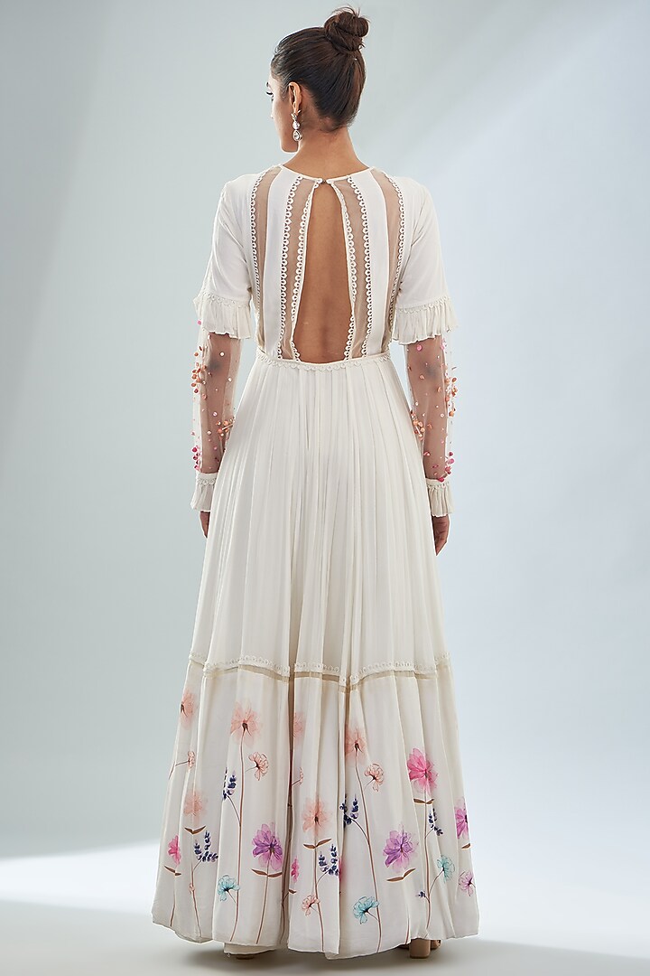 Ivory Crepe Floral Printed Wedding Anarkali Set by Amit Sachdeva at Pernia's Pop Up Shop
