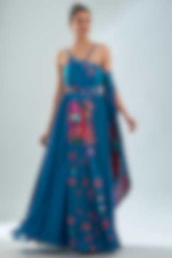 Teal Blue Georgette & Crepe Floral Printed Pleated Off-Shoulder Gown by Amit Sachdeva