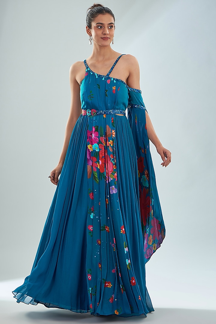 Teal Blue Georgette & Crepe Floral Printed Pleated Off-Shoulder Gown by Amit Sachdeva