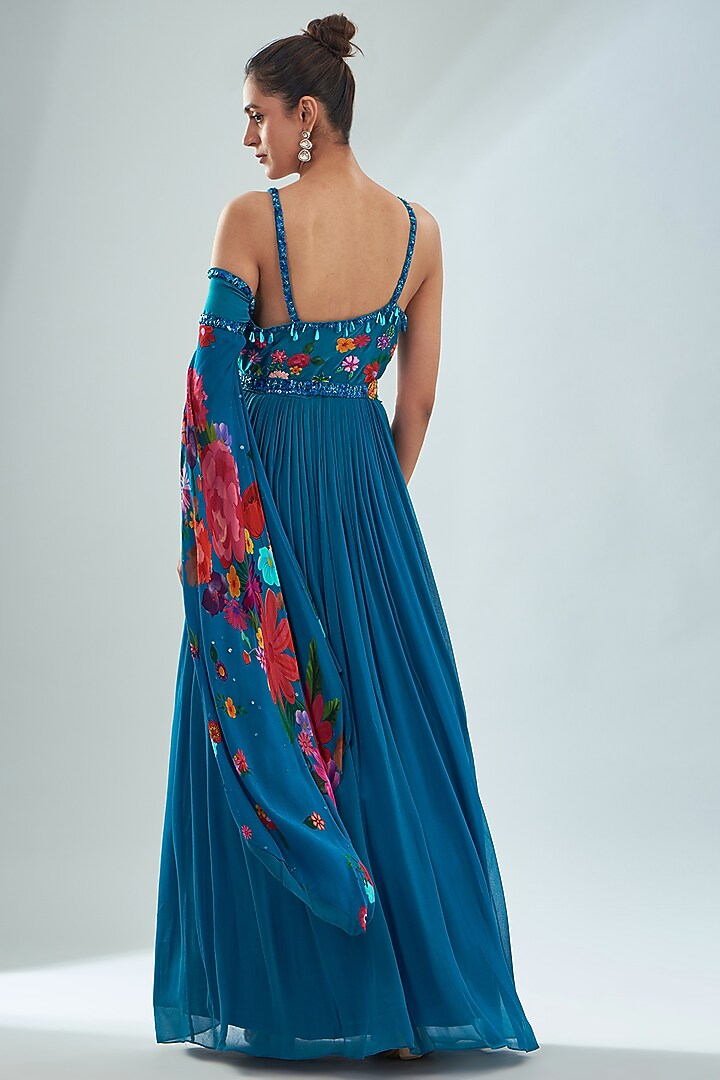 Teal Blue Georgette & Crepe Floral Printed Pleated Off-Shoulder Party Wear Gown by Amit Sachdeva at Pernia's Pop Up Shop