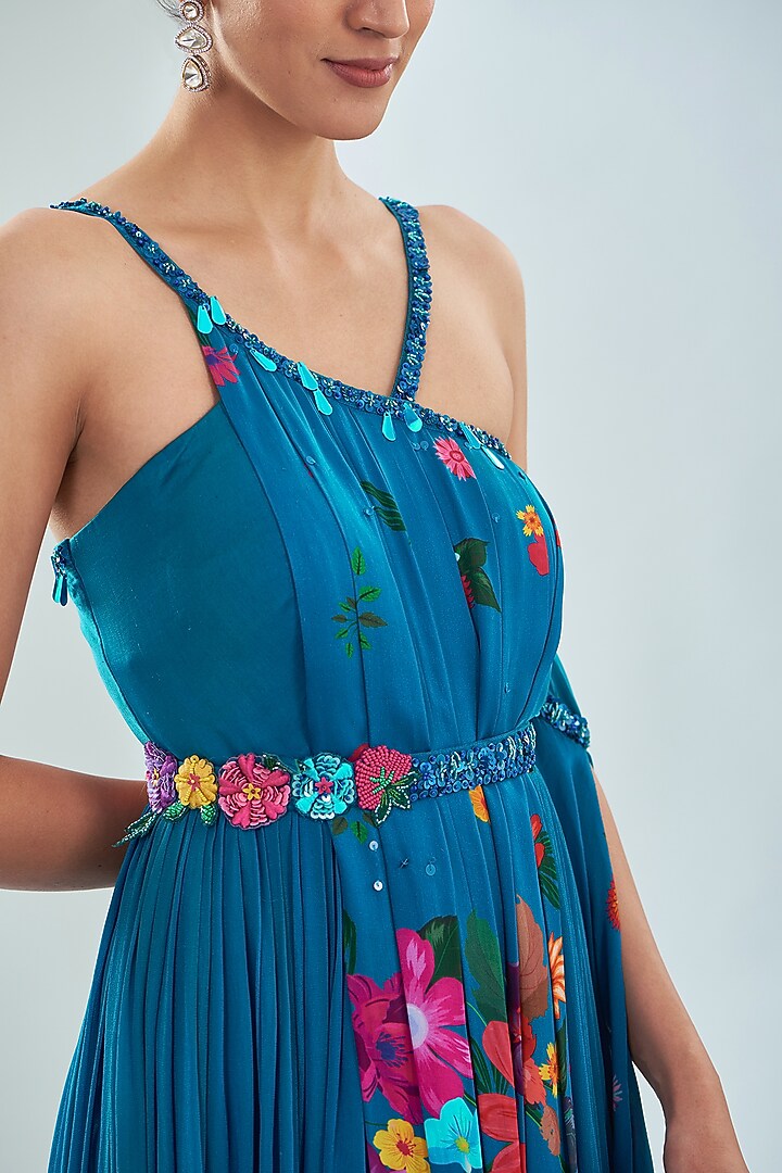 Teal Blue Georgette & Crepe Floral Printed Pleated Off-Shoulder Party Wear Gown by Amit Sachdeva at Pernia's Pop Up Shop