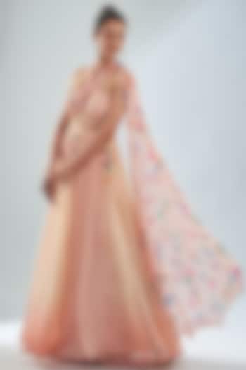 Peach Georgette & Net Printed Draped Gown by Amit Sachdeva