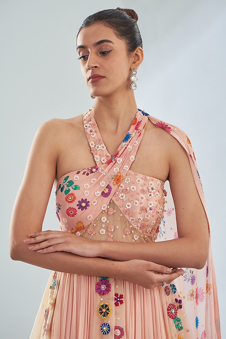 Peach Georgette & Net Printed Draped Engagement Gown by Amit Sachdeva at Pernia's Pop Up Shop