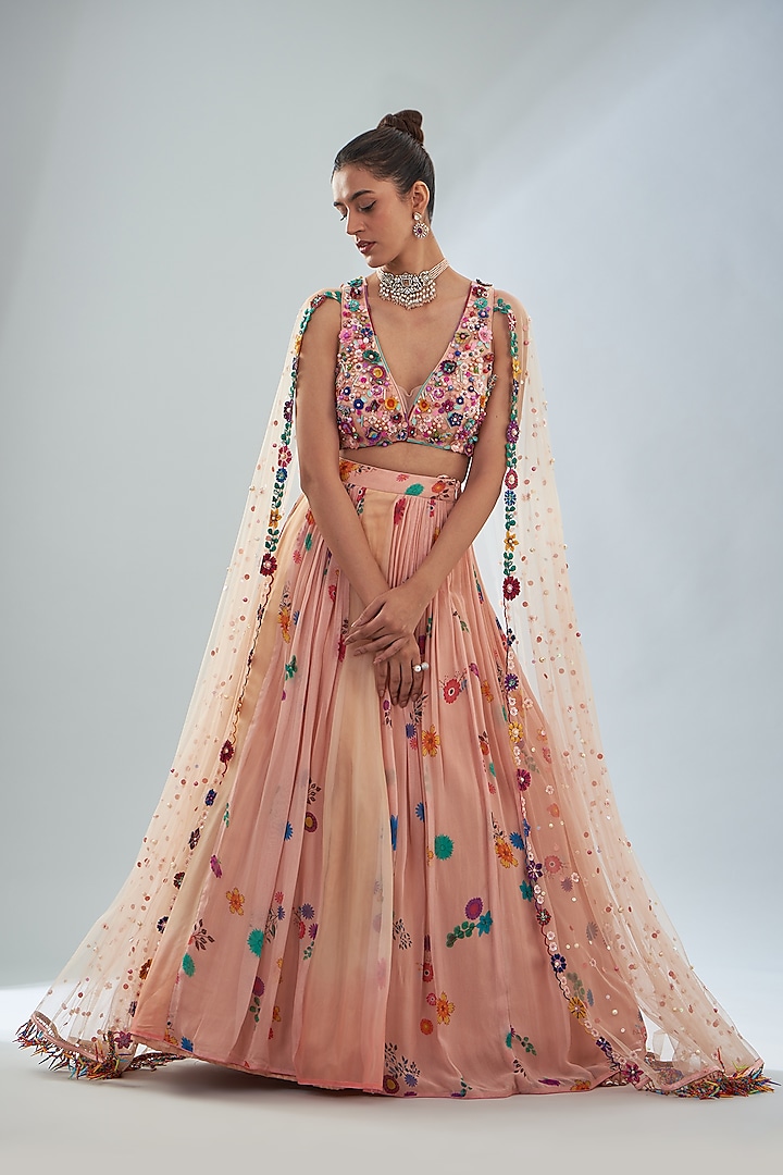 Peach Georgette Floral Printed Skirt Set by Amit Sachdeva