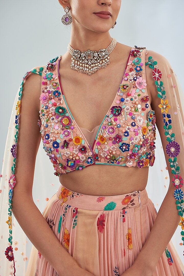 Peach Georgette Floral Printed Skirt Set by Amit Sachdeva at Pernia's Pop Up Shop