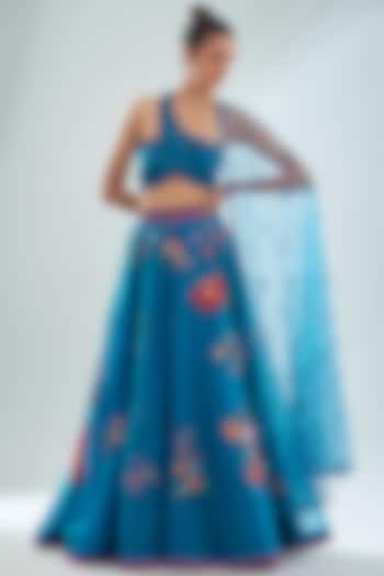 Teal Blue Net & Organza Floral Printed Skirt Set by Amit Sachdeva