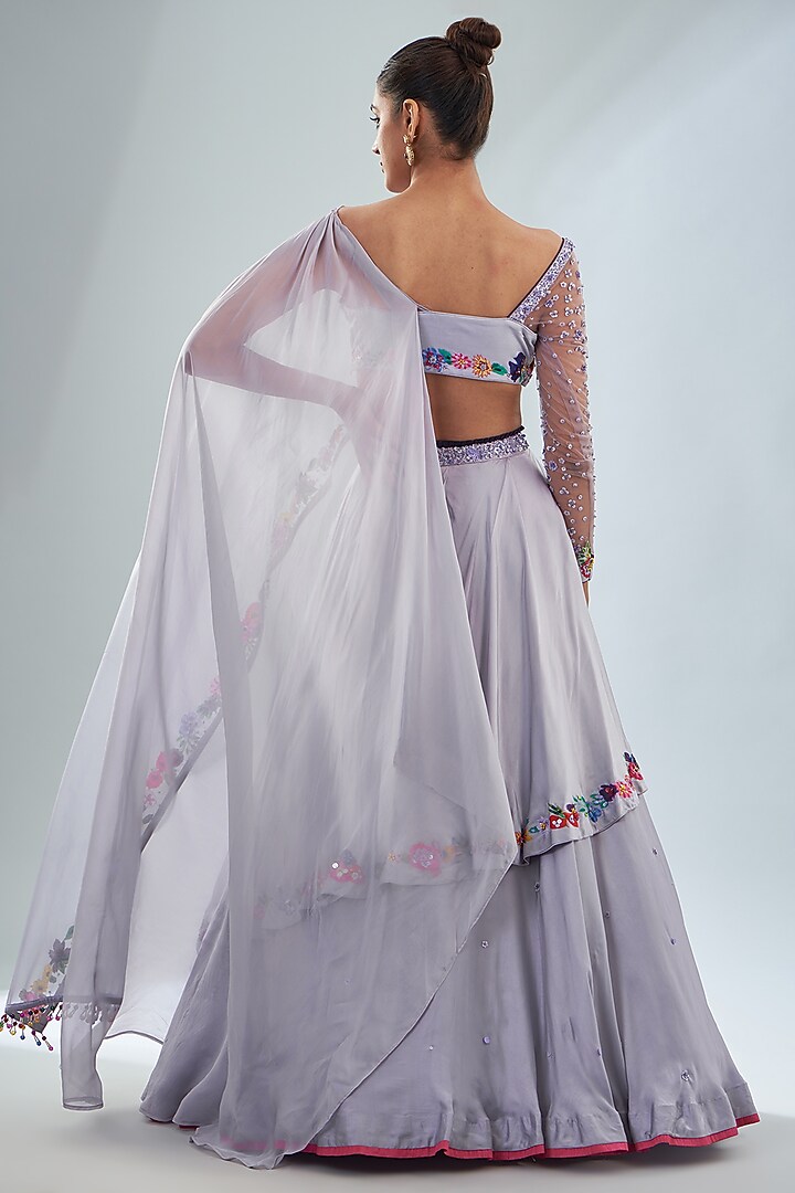 Purple Organza & Satin Floral Printed Layered Skirt Set by Amit Sachdeva at Pernia's Pop Up Shop