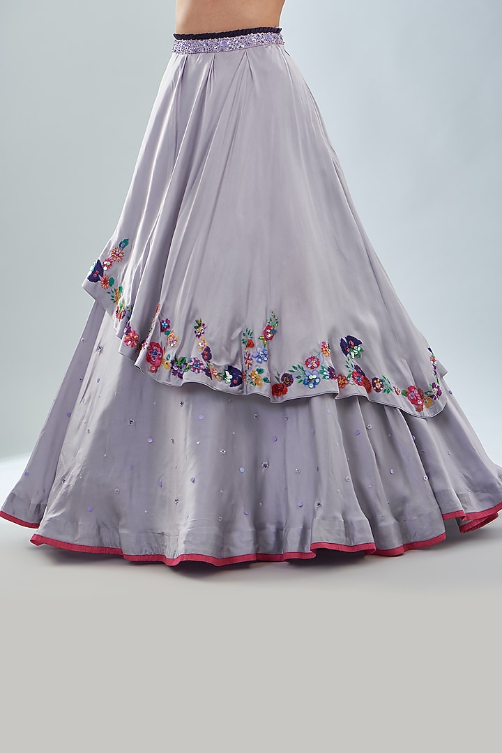 Purple Organza & Satin Floral Printed Layered Skirt Set by Amit Sachdeva at Pernia's Pop Up Shop