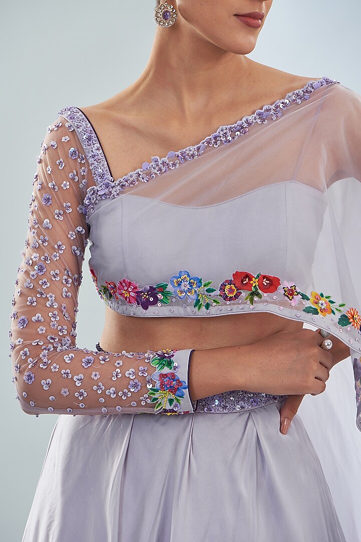 Purple Organza & Satin Floral Printed Layered Skirt Set by Amit Sachdeva at Pernia's Pop Up Shop