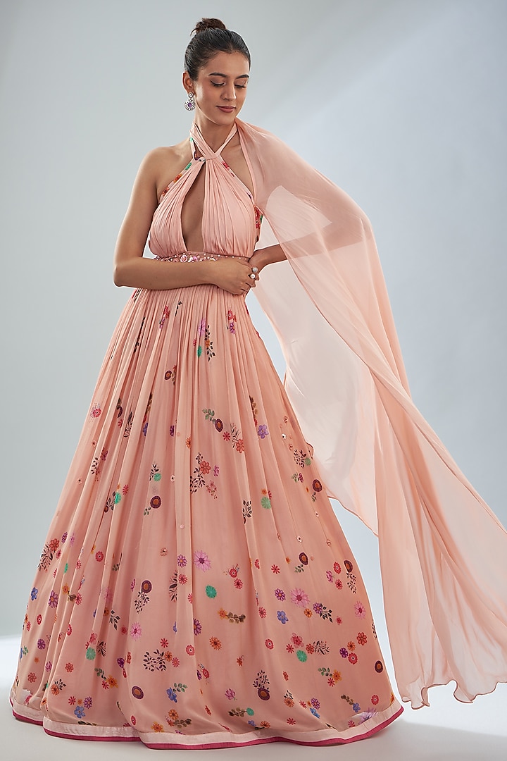 Peach Organza & Georgette Floral Printed Gown by Amit Sachdeva
