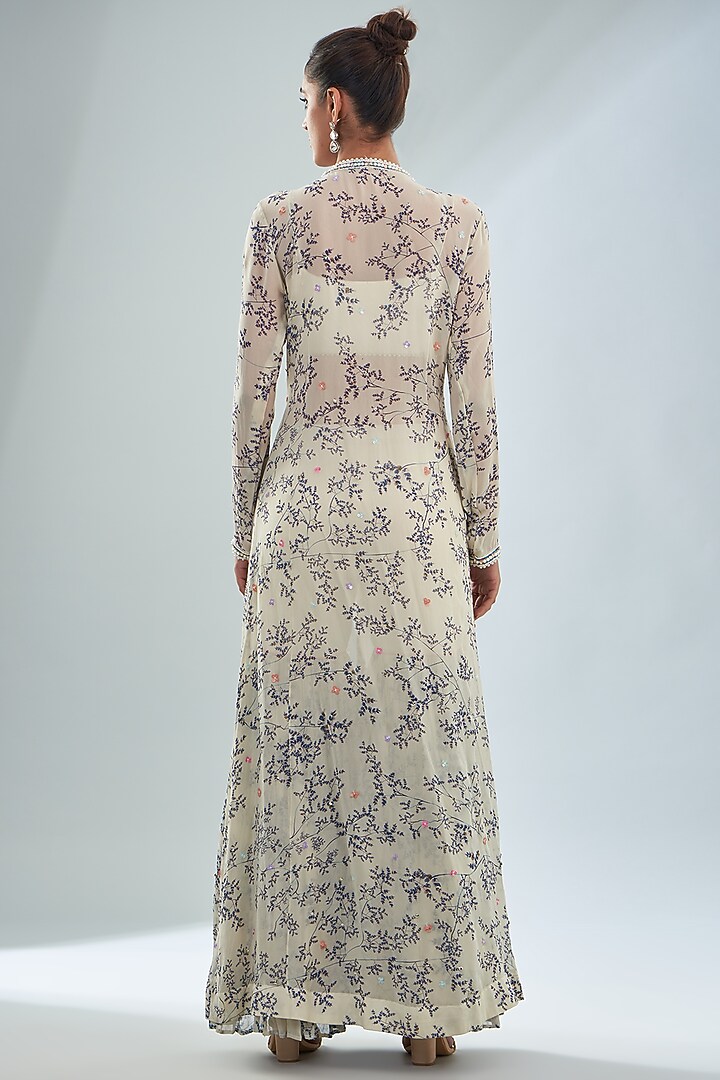 Ivory Georgette & Satin Printed Cape Set by Amit Sachdeva at Pernia's Pop Up Shop