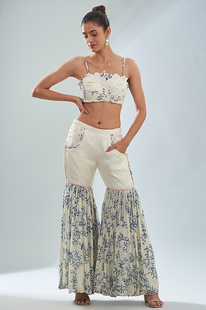 Ivory Georgette & Satin Printed Cape Set by Amit Sachdeva at Pernia's Pop Up Shop