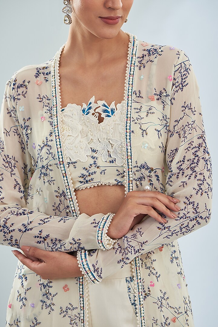 Ivory Georgette & Satin Printed Cape Set by Amit Sachdeva at Pernia's Pop Up Shop