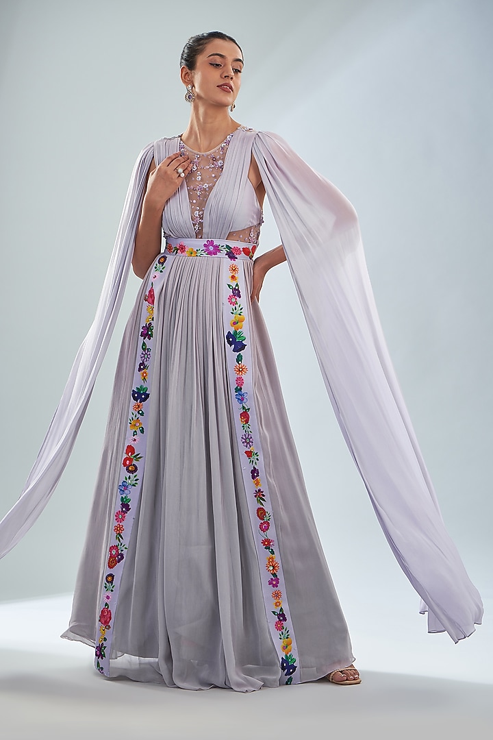 Lavender Georgette & Satin Printed Pleated Gown by Amit Sachdeva