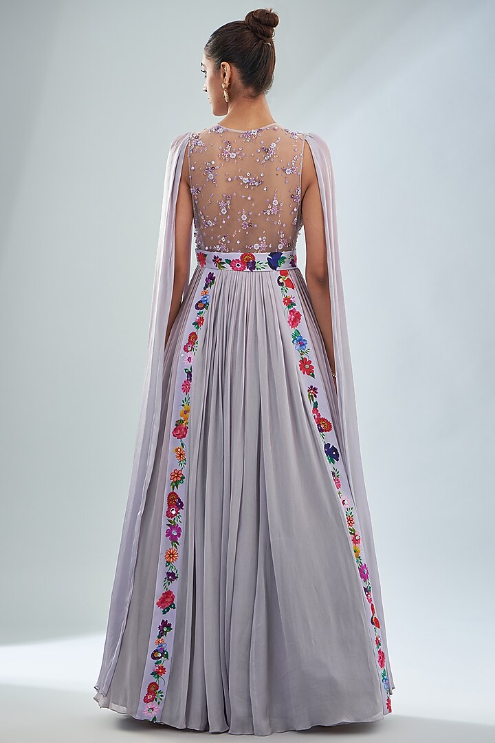 Lavender Georgette & Satin Printed Pleated Engagement Gown by Amit Sachdeva at Pernia's Pop Up Shop