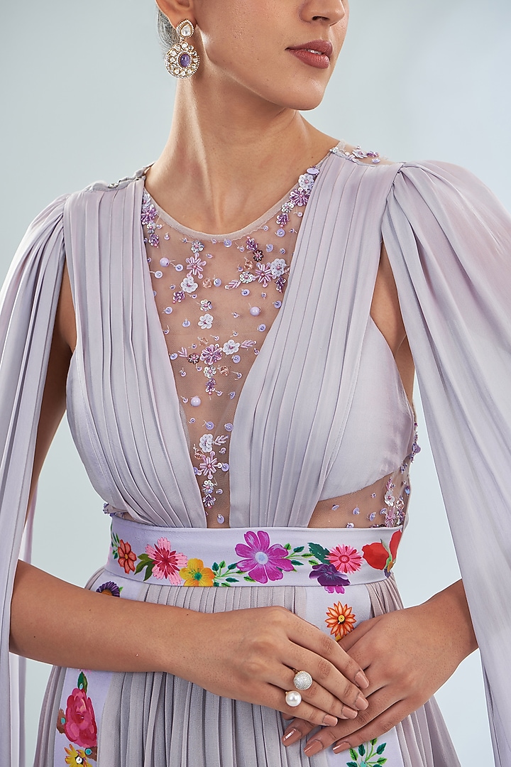 Lavender Georgette & Satin Printed Pleated Engagement Gown by Amit Sachdeva at Pernia's Pop Up Shop