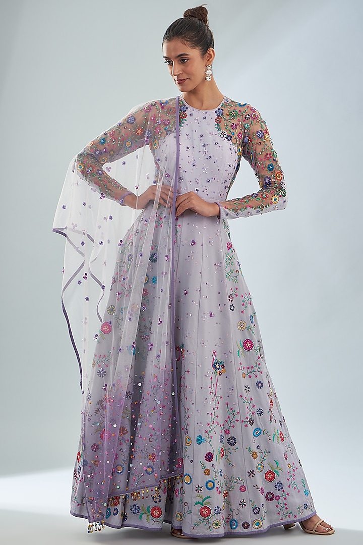 Lavender Crepe Thread & Sequins Embroidered Anarkali Set by Amit Sachdeva