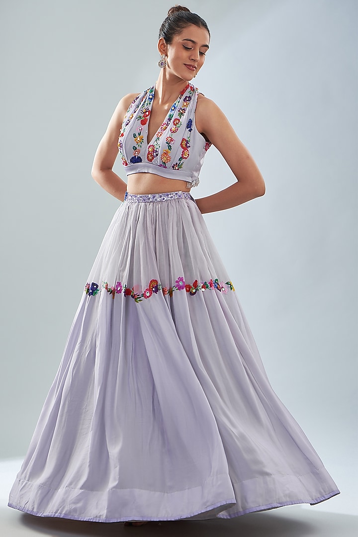 Lavender Organza & Satin Floral Printed Skirt Set by Amit Sachdeva