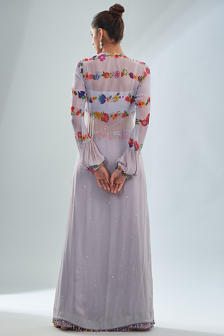 Lavender Georgette & Satin Floral Printed Cape Set by Amit Sachdeva at Pernia's Pop Up Shop