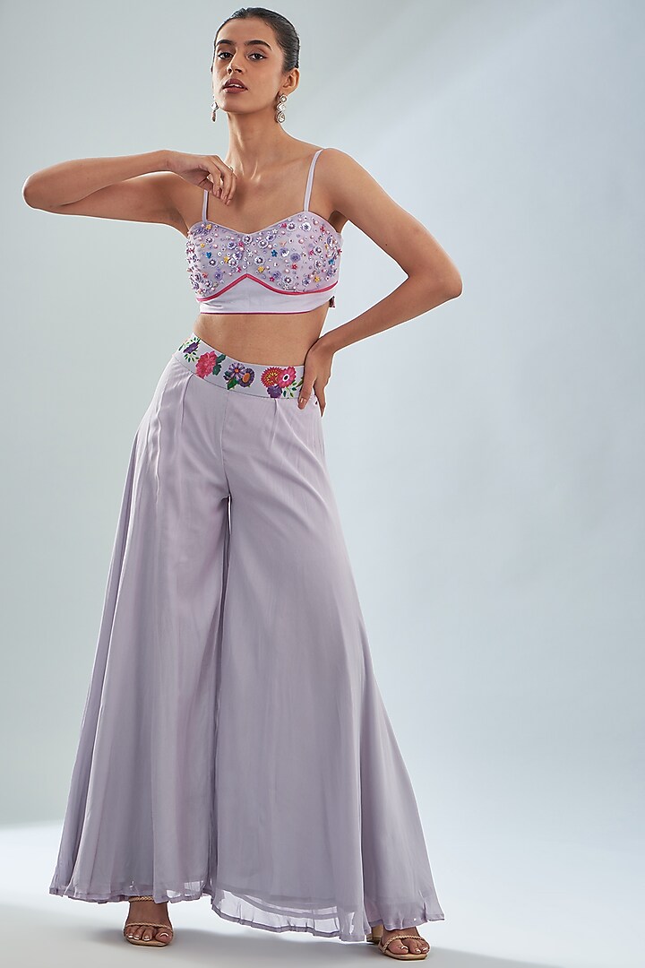 Lavender Georgette & Satin Floral Printed Cape Set by Amit Sachdeva at Pernia's Pop Up Shop