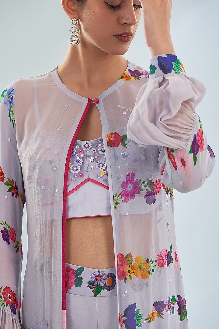 Lavender Georgette & Satin Floral Printed Cape Set by Amit Sachdeva at Pernia's Pop Up Shop