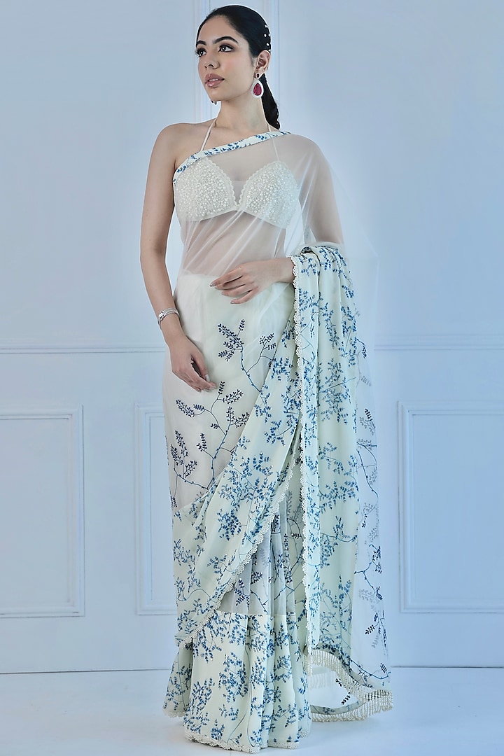 Pearl White Organza Saree With Bralette