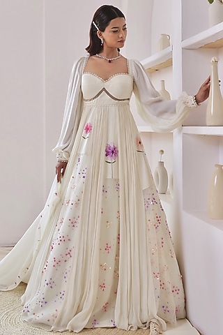 Ivory Georgette Sequins Embroidered & Floral Printed Gown With Dupatta by Amit Sachdeva