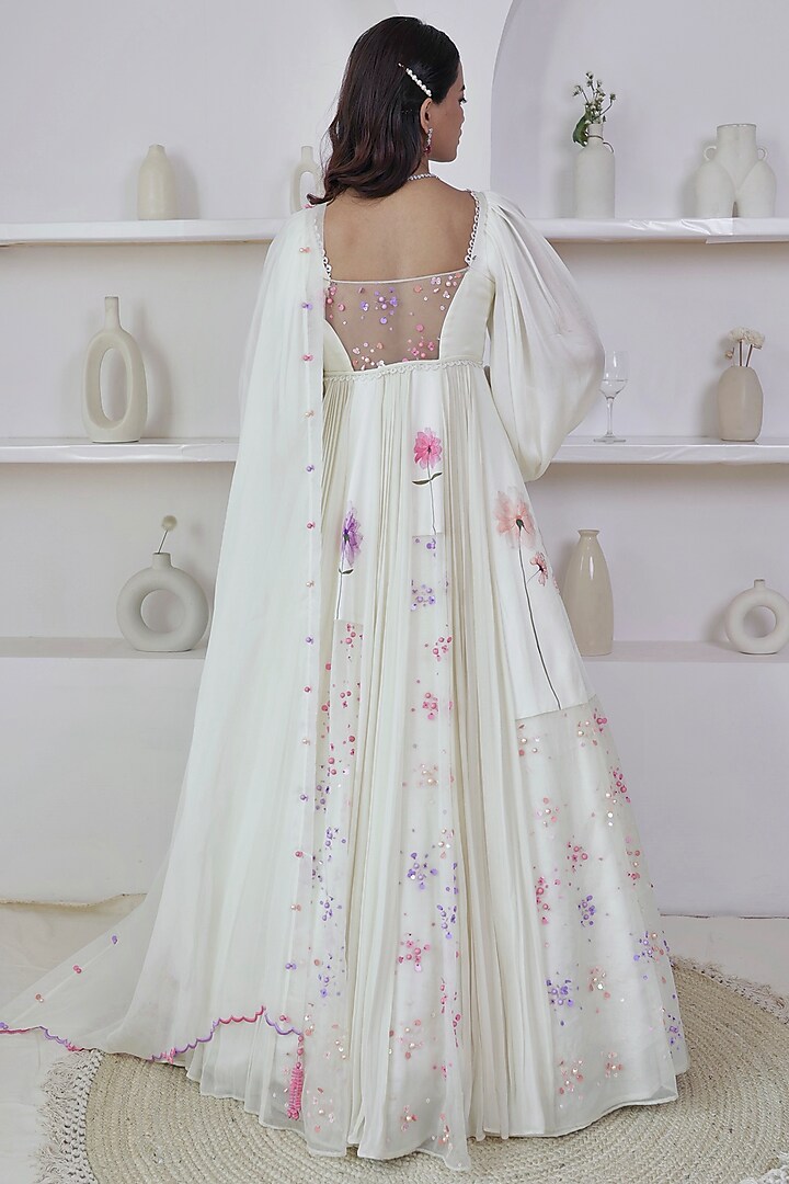 Ivory Georgette Sequins Embroidered & Floral Printed Engagement Gown With Dupatta by Amit Sachdeva at Pernia's Pop Up Shop