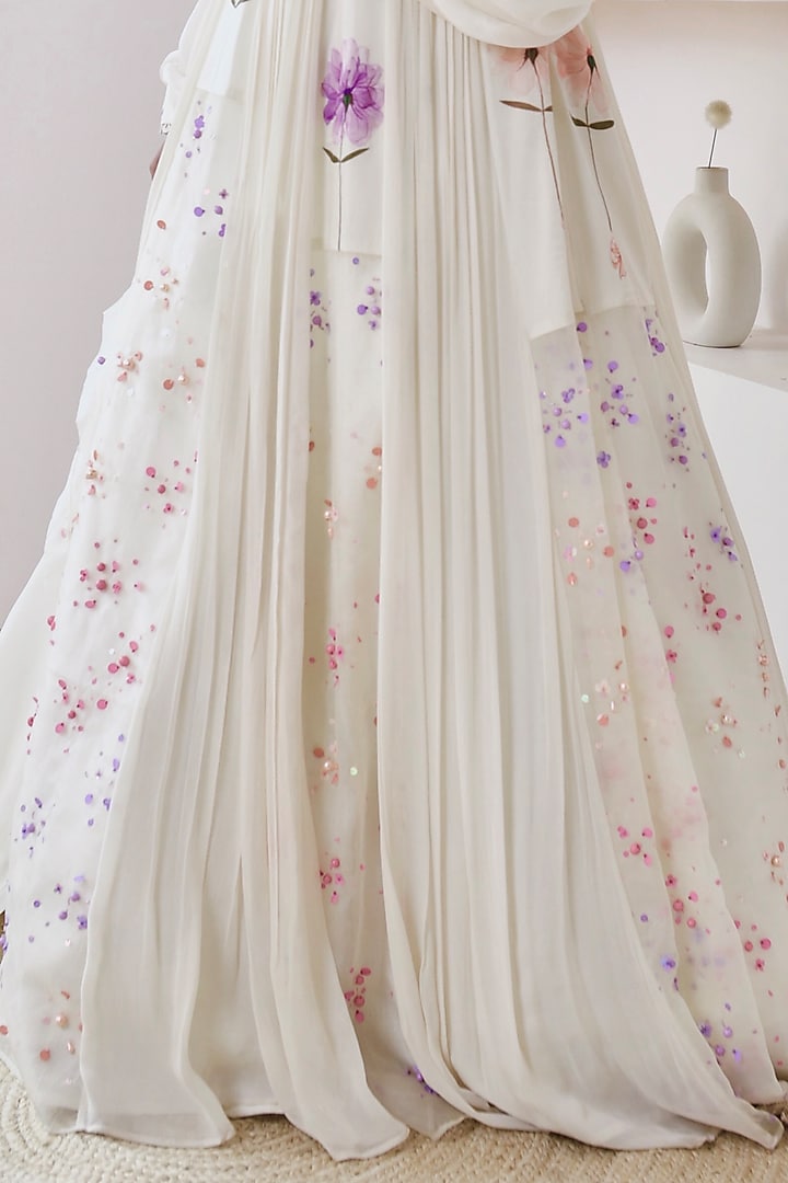 Ivory Georgette Sequins Embroidered & Floral Printed Engagement Gown With Dupatta by Amit Sachdeva at Pernia's Pop Up Shop