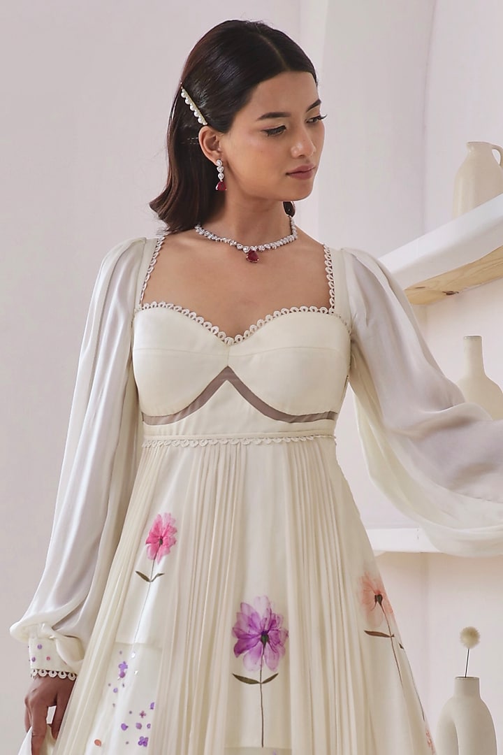 Ivory Georgette Sequins Embroidered & Floral Printed Engagement Gown With Dupatta by Amit Sachdeva at Pernia's Pop Up Shop
