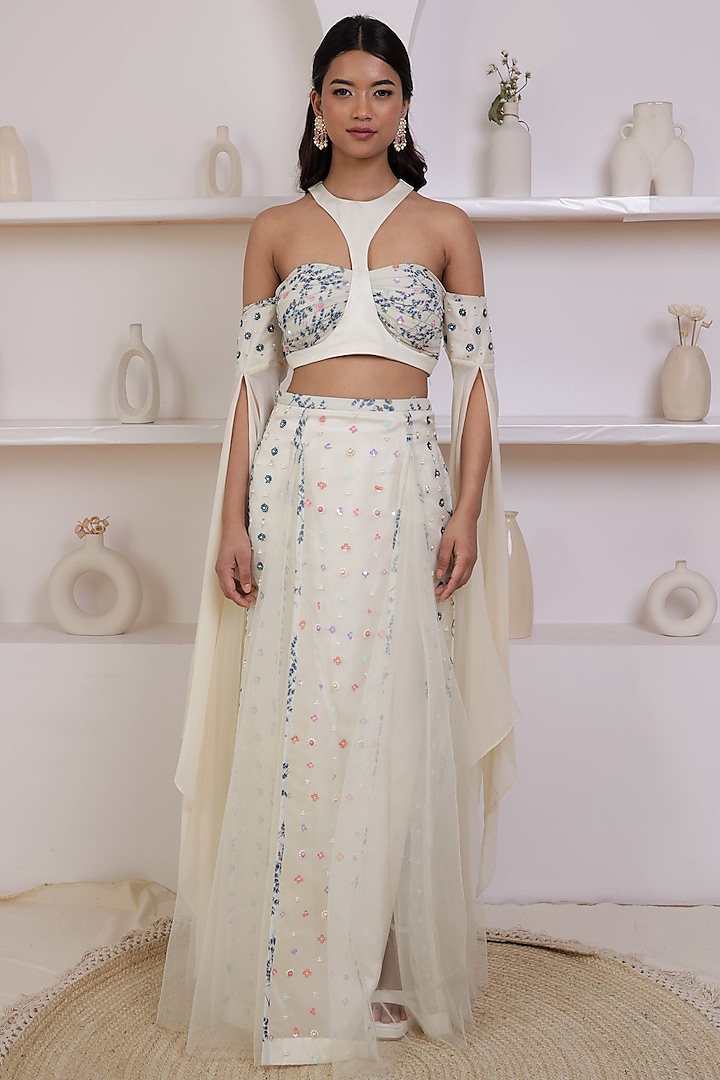 Ivory Georgette Embellished Skirt Set by Amit Sachdeva