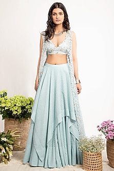 Brown Net Applique Embroidered Jacket Lehenga Set by Amrita Thakur-BRALETTE BLOUSES