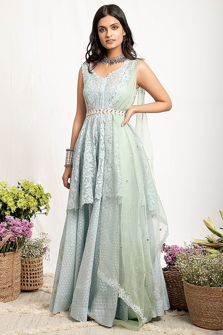 Mint Green Embroidered Sharara Set With Belt by Amrita Thakur