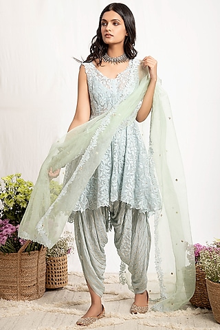 Mint Green Embroidered Anarkali Set With Belt by Amrita Thakur