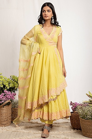 Pale Yellow Embroidered Anarkali Set by Amrita Thakur