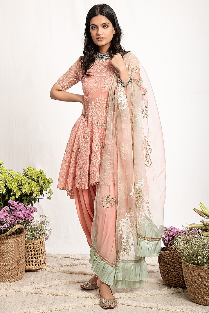 Peach Embroidered Anarkali Set by Amrita Thakur