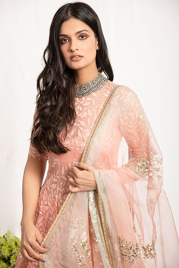 Peach Embroidered Wedding Anarkali Set by Amrita Thakur at Pernia's Pop Up Shop
