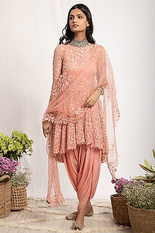 Peach Embroidered Chiffon Anarkali Set by Amrita Thakur