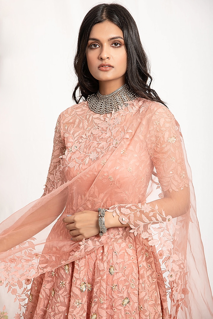 Peach Embroidered Chiffon Wedding Anarkali Set by Amrita Thakur at Pernia's Pop Up Shop