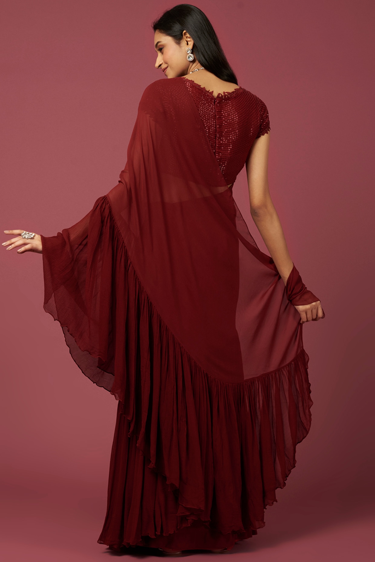 Red Maroon Georgette Saree | Saree designs, Party wear sarees, Maroon saree