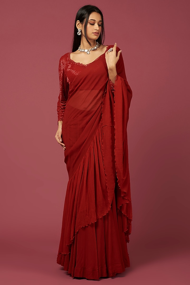 Red Georgette Saree Set by Amrita Thakur