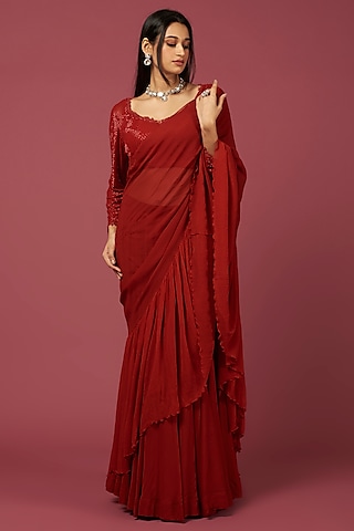 Red Georgette Saree Set by Amrita Thakur