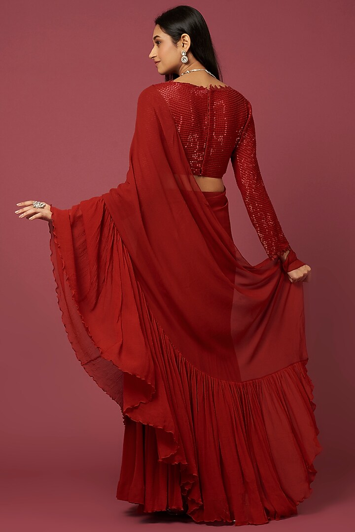 Red Georgette Wedding Saree Set by Amrita Thakur at Pernia's Pop Up Shop
