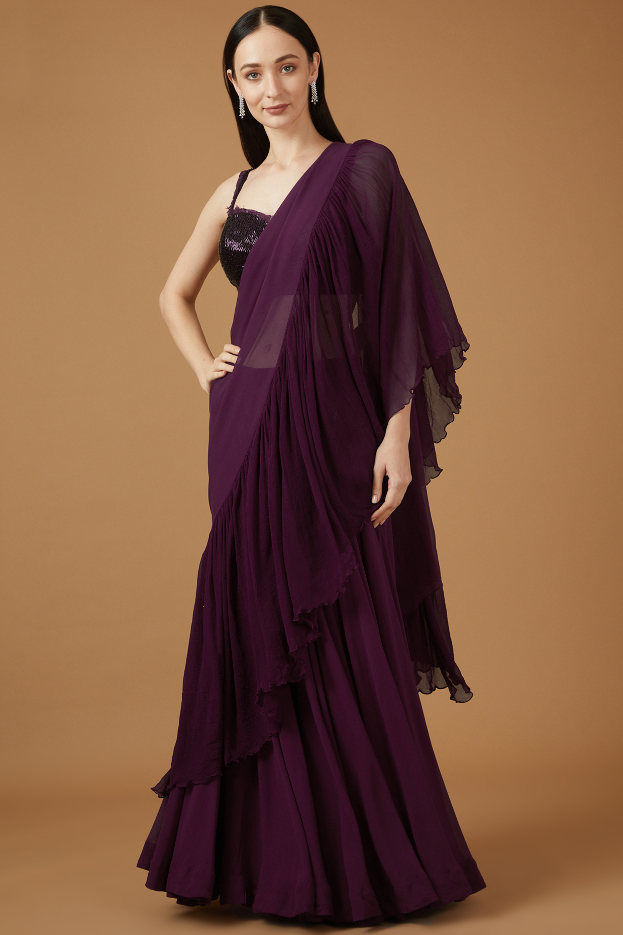 Wine Georgette Pre-Stitched Saree Set by Amrita Thakur