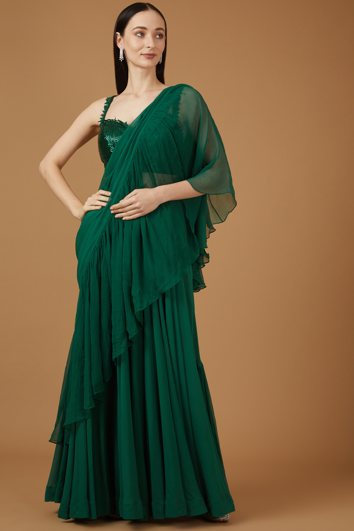 Green Georgette Pre-Stitched Wedding Saree Set by Amrita Thakur at Pernia's Pop Up Shop