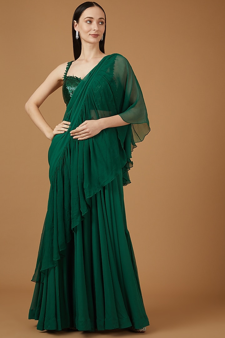 Green Georgette Pre-Stitched Wedding Saree Set by Amrita Thakur at Pernia's Pop Up Shop