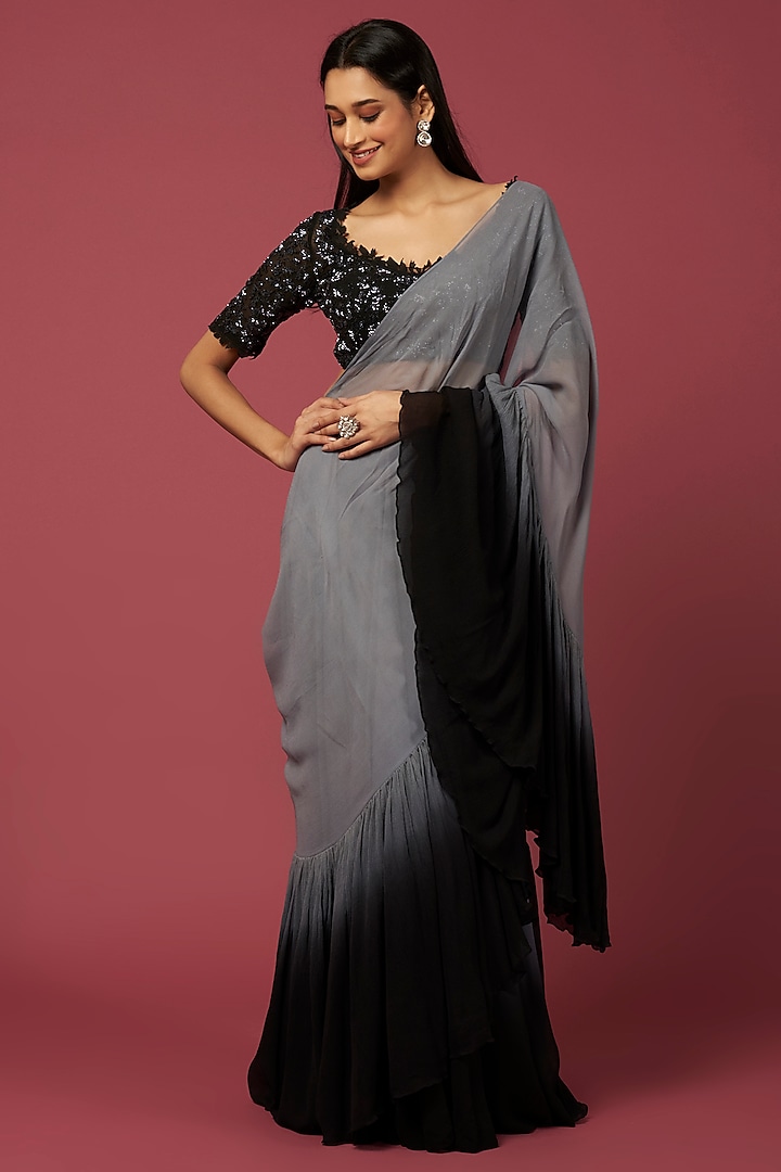 Grey & Black Georgette Saree Set by Amrita Thakur