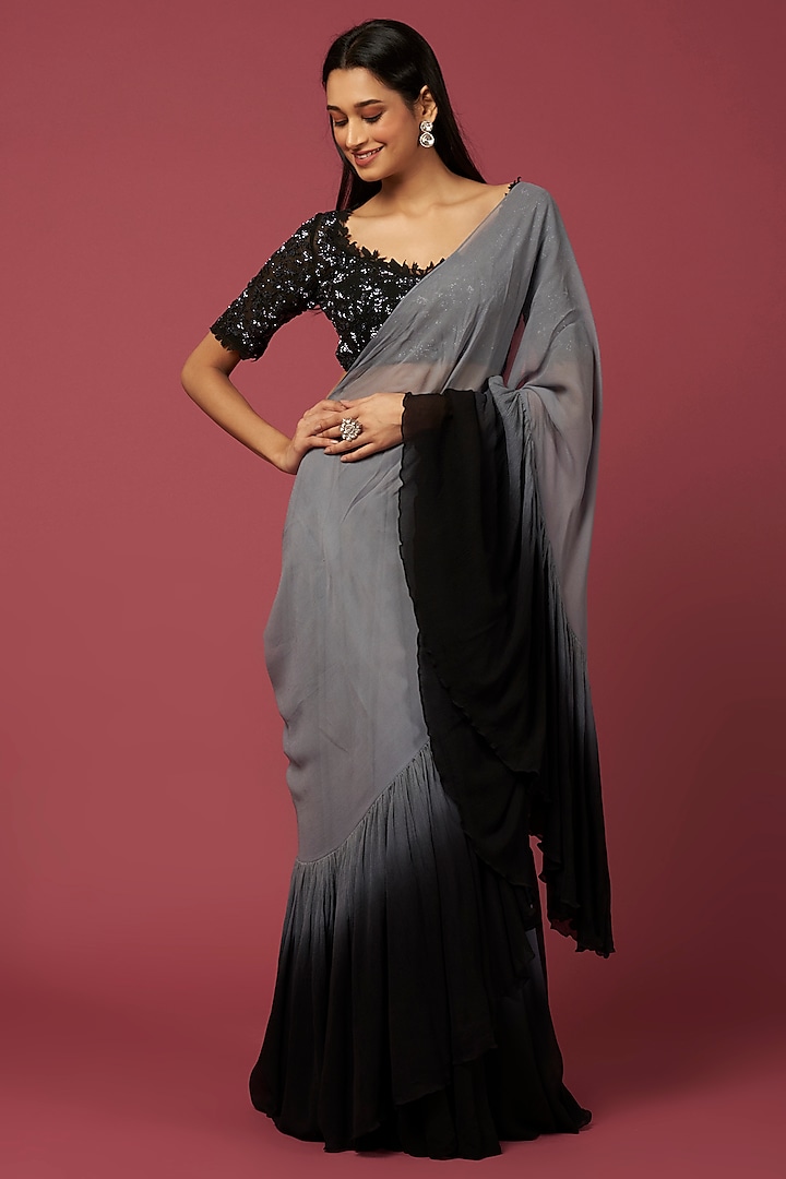 Grey & Black Georgette Saree Set by Amrita Thakur at Pernia's Pop Up Shop