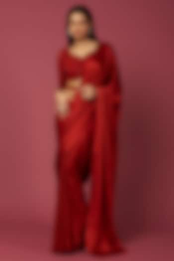 Red Pure Satin Saree Set by Amrita Thakur