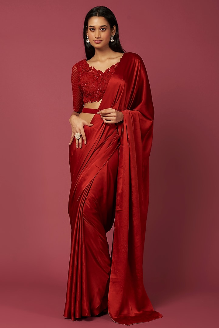 Red Pure Satin Saree Set by Amrita Thakur